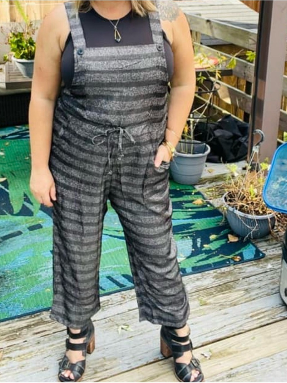 LULAROE JULIET JUMPSUIT - CHARCOAL STRIPE Overalls Jumpsuit - Picture 2 of 4